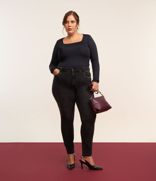 Jeans skinny con borchie laterali, Curve e taglie forti, nero