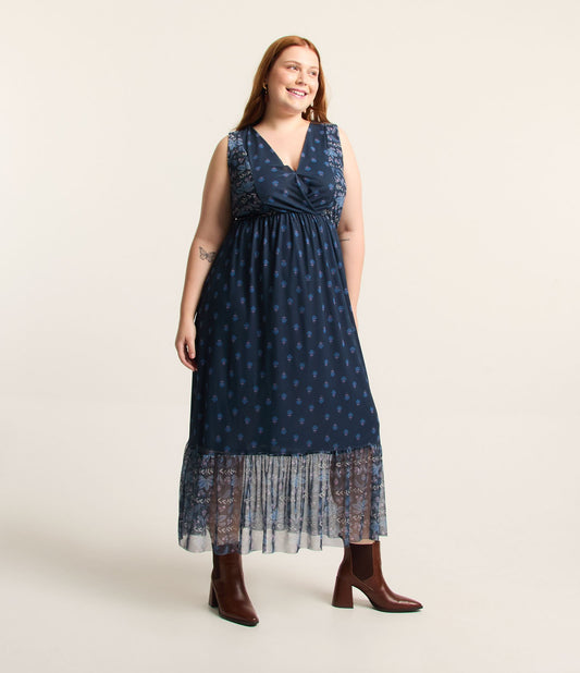 Vestido longo de tule azul-marinho com estampa floral Paisley, Curve & Plus Size