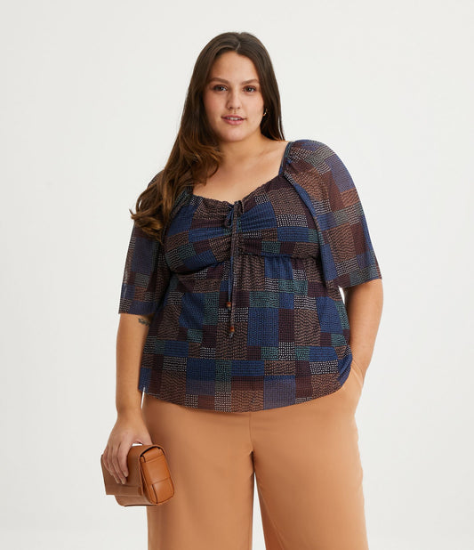 Blusa de tule com estampa abstrata e decote com babados, Curve & Plus Size, Multicolor