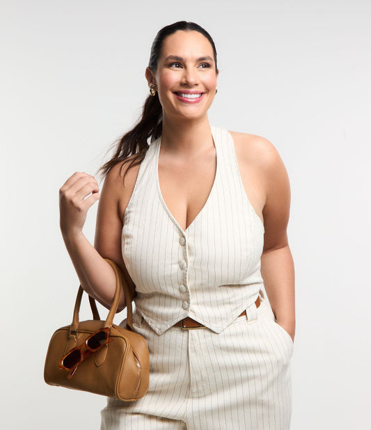 Gilet in twill gessato con scollo ad aletta Curve & Plus Size Bianco sporco
