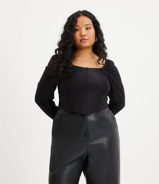 Camicetta a corsetto in raso con schiena smockata, Curve e taglie forti, nero