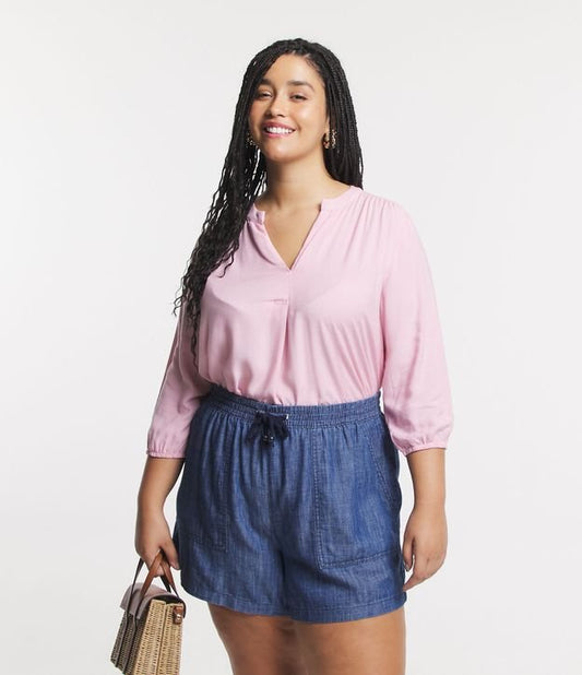 Blusa de viscose rosa claro com mangas 3/4 e trama texturizada - Curve e Plus Size