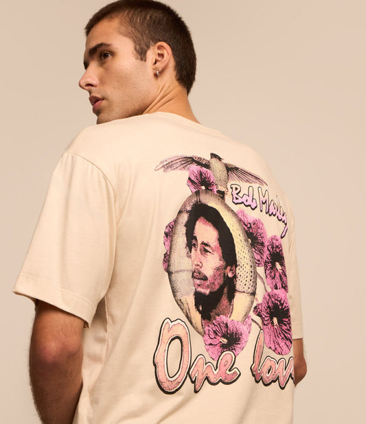 Maglietta in cotone beige con stampa Bob Marley