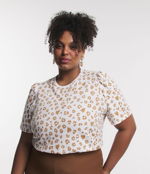Camicetta con maniche a sbuffo in maglia jersey con pois leopardati, Curve & Plus Size, bianco sporco