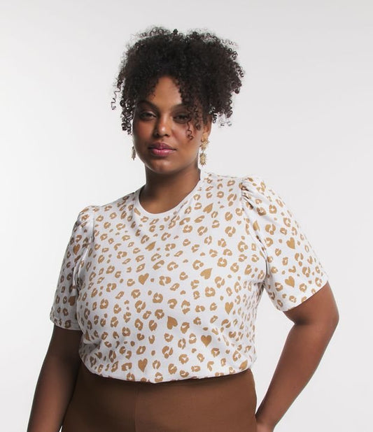Blusa de manga bufante em malha de Jersey com pontos de estampa de leopardo, Curve & Plus Size, Off White
