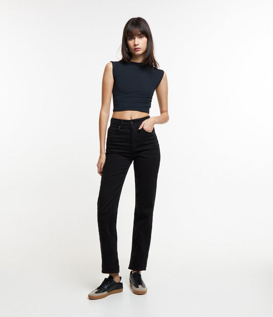 Calça de sarja elástica de perna reta com bolsos - preta