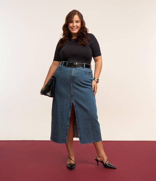 Gonna di jeans midi con scintille e spacchi, Curve e taglie forti, blu