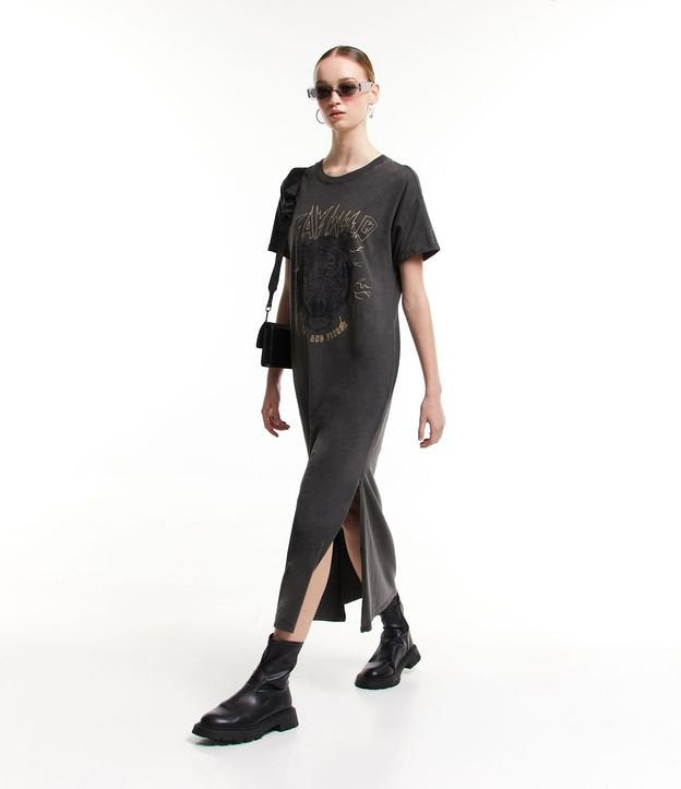 Nuovo abito midi nero in maglia jersey con stampa tigre "Stay Wild".