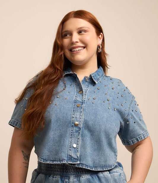 Camisa de brim cortada azul com brilho - Curve & Plus Size