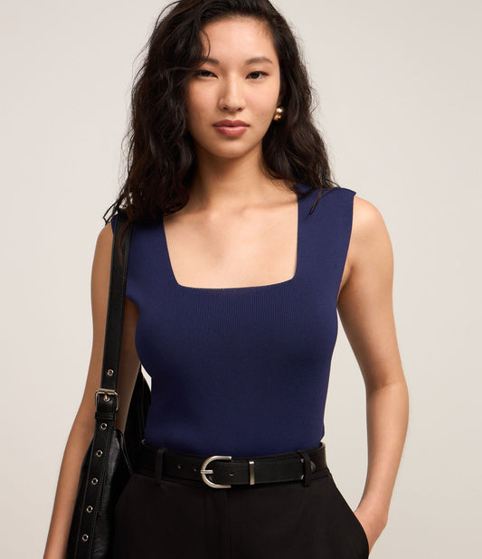 Navy Blue Knit Top with Square Neckline and Wide Straps