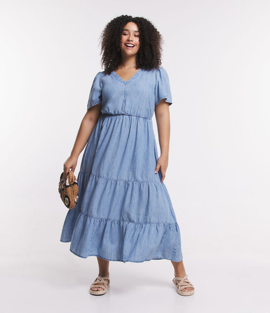 Maxivestido vaquero de manga larga - Curvas y tallas grandes en azul