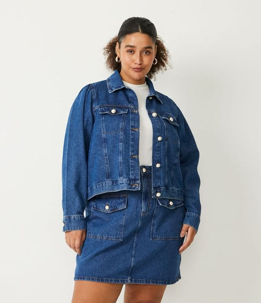 Jaqueta jeans para caminhoneiros com botão de pérola, Curve & Plus Size, azul