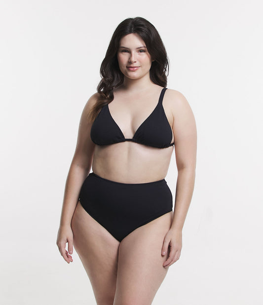 Top de bikini triangular negro de microfibra texturizada, tallas grandes y curvas