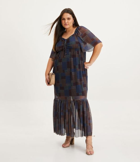Vestido midi de tule com estampa abstrata, Curve & Plus Size, preto