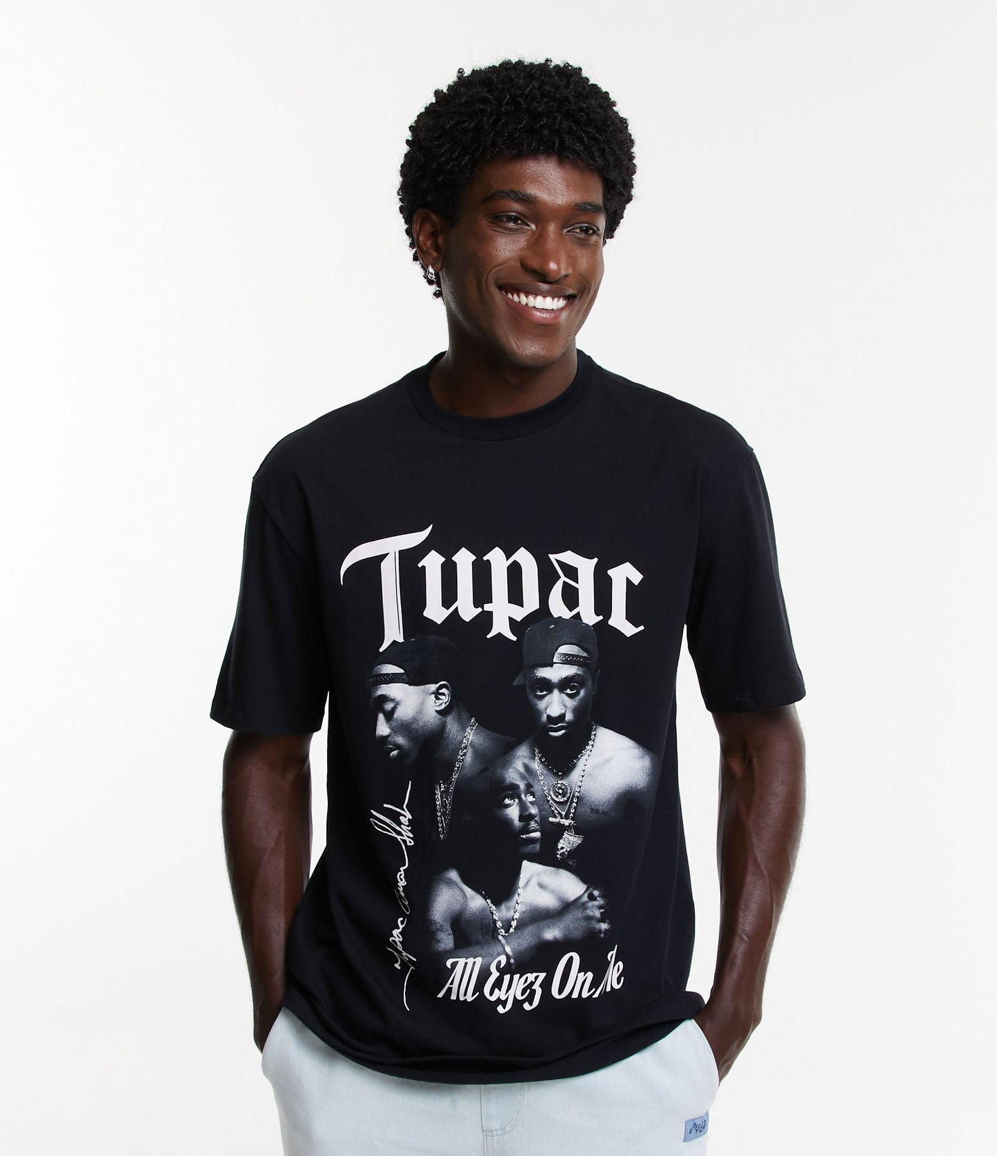 Camiseta negra con estampado de Tupac en tejido de punto suave