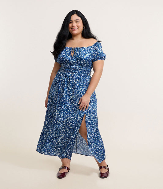 Vestido Midi Floral Liberty Curve y Tallas Grandes en Viscosa Azul