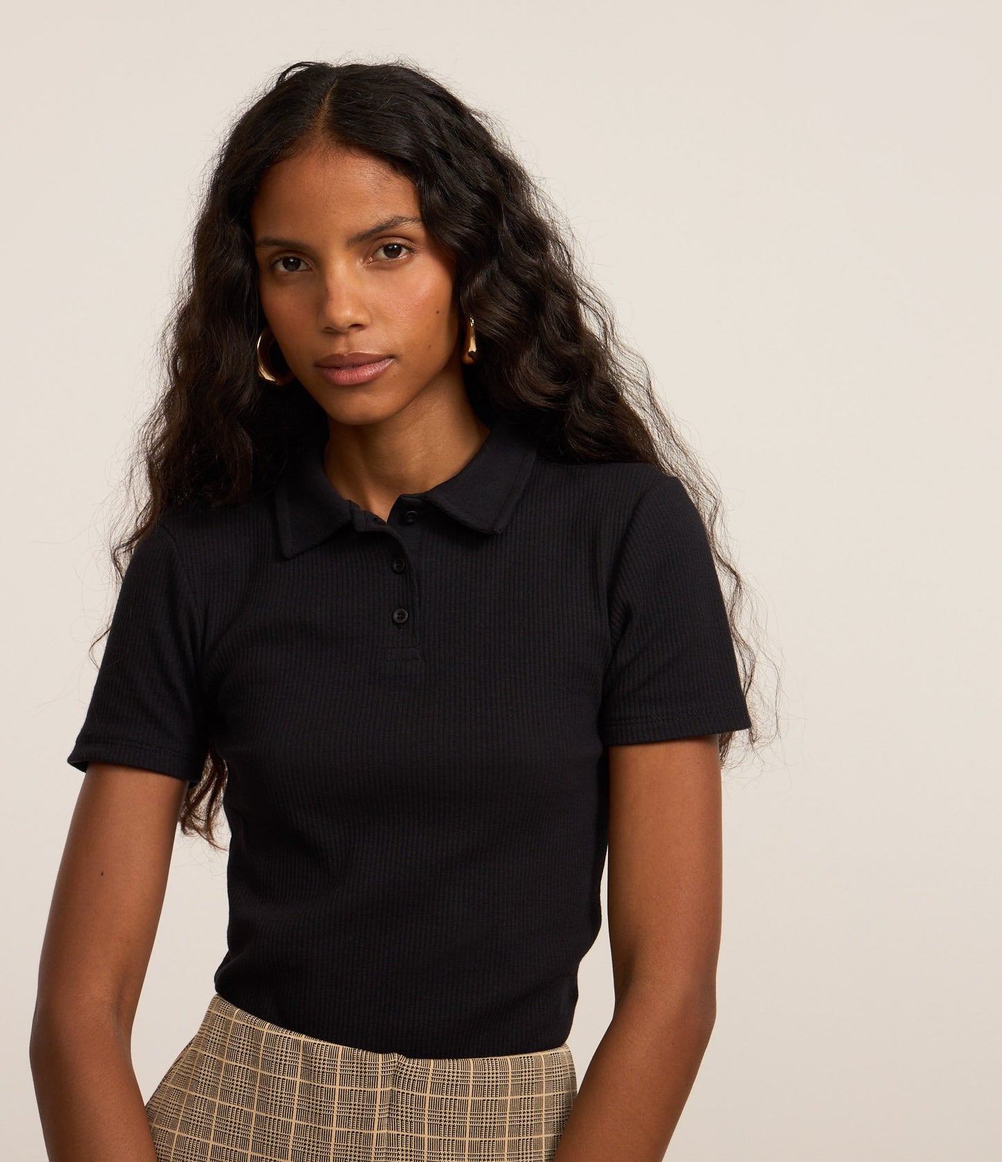 Basic Ribbed Polo Collar Blouse in Black