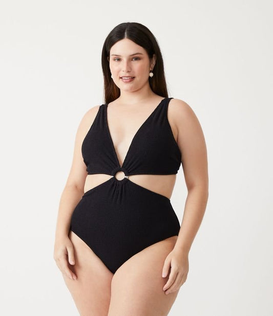 Costume da bagno in poliammide nero con design cut-out e dettaglio ad anello - Curve e taglie forti