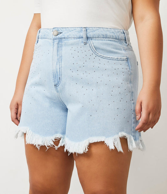Pantaloncini in denim con accenti glitterati e orlo sfrangiato, Curve e taglie forti, blu