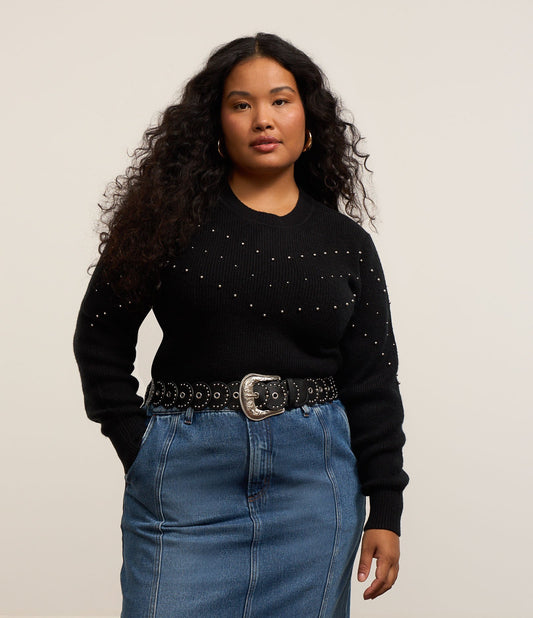Maglione cropped in maglia leggera con borchie, Curve e taglie forti, nero
