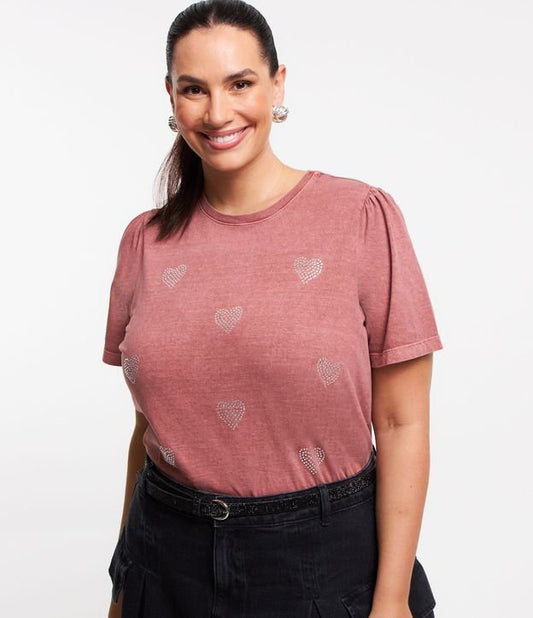 Blusa de mangas abullonadas con corazones de strass, Curvas y tallas grandes, Rojo ladrillo