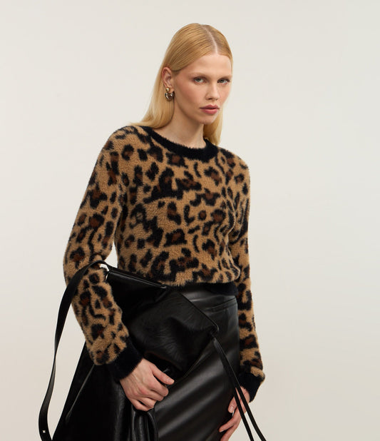Maglione marrone con stampa animalier