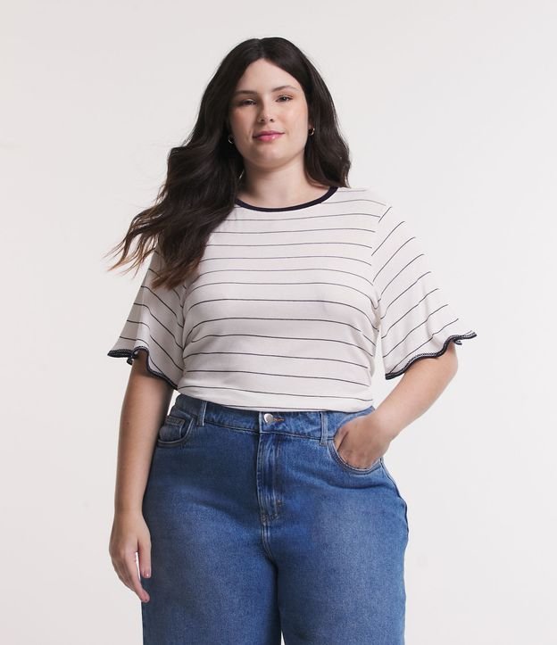 Camicetta a mezza maglia bianca/nera con orlo delle maniche ricamato - Curve e taglie forti