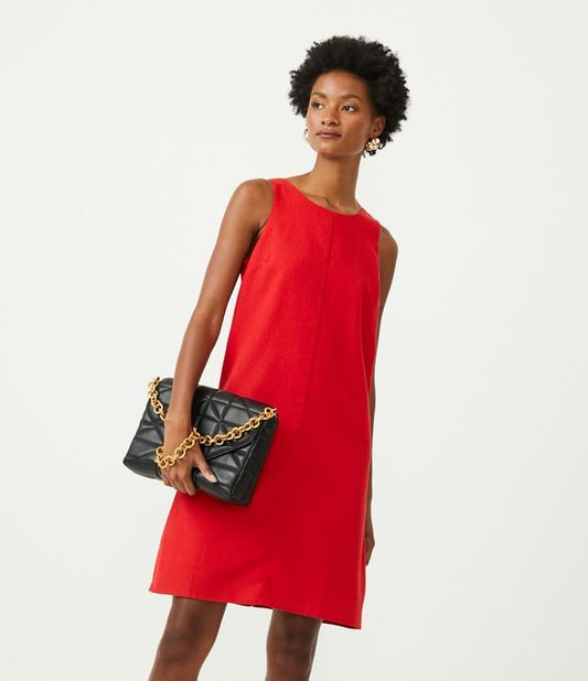Vestido Corto Rojo de Lino con Escote Redondo