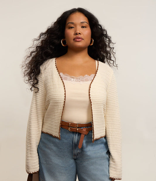 Cardigan in maglia bianco sporco con bordi a contrasto - Curve e taglie forti