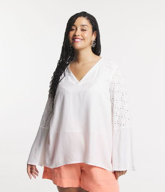Blusa de viscosa con canesú de encaje y mangas anchas - Curvas y Tallas Grandes, Blanco