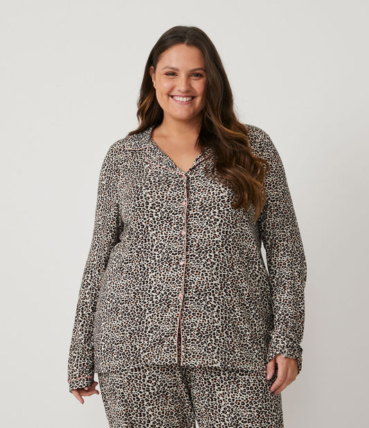 Camicia pigiama Viscolycra con stampa animale leopardata, taglie forti e taglie forti, nero/marrone/rosa