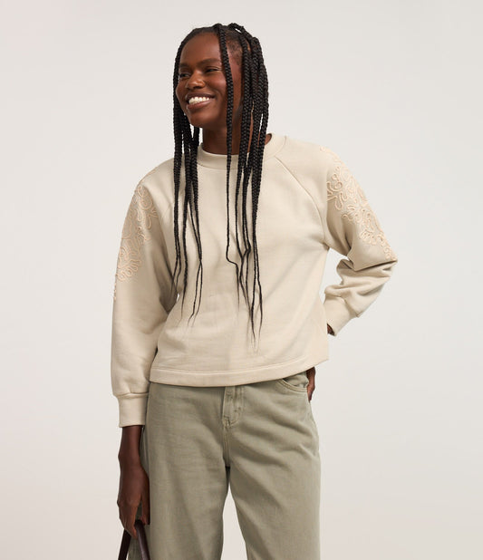 Sweatshirt with Embroidered Shoulders and Ice Beige Sleeves