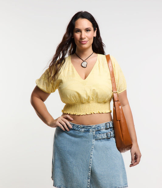 Yellow Cropped Blouse in Laise with Smocked Hem - Curve & Plus Size