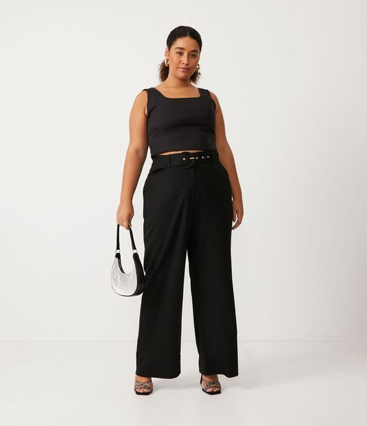 Pantaloni a vita alta a gamba larga con cintura, Curve e taglie forti, nero