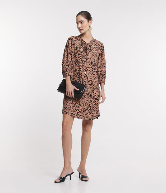 Abito camicia in viscosa con maniche a sbuffo e stampa leopardo marrone