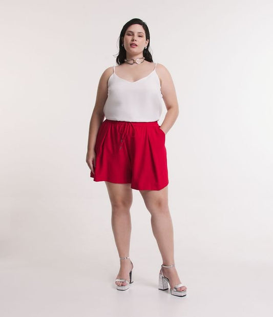 Pantalón Corto de Crepé Rojo con Lazo y Cintura Elástica - Tallas Curvas y Grandes