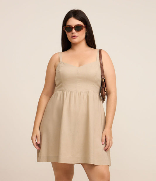 Vestido curto de linho com alças médias, Curve & Plus Size, Bege