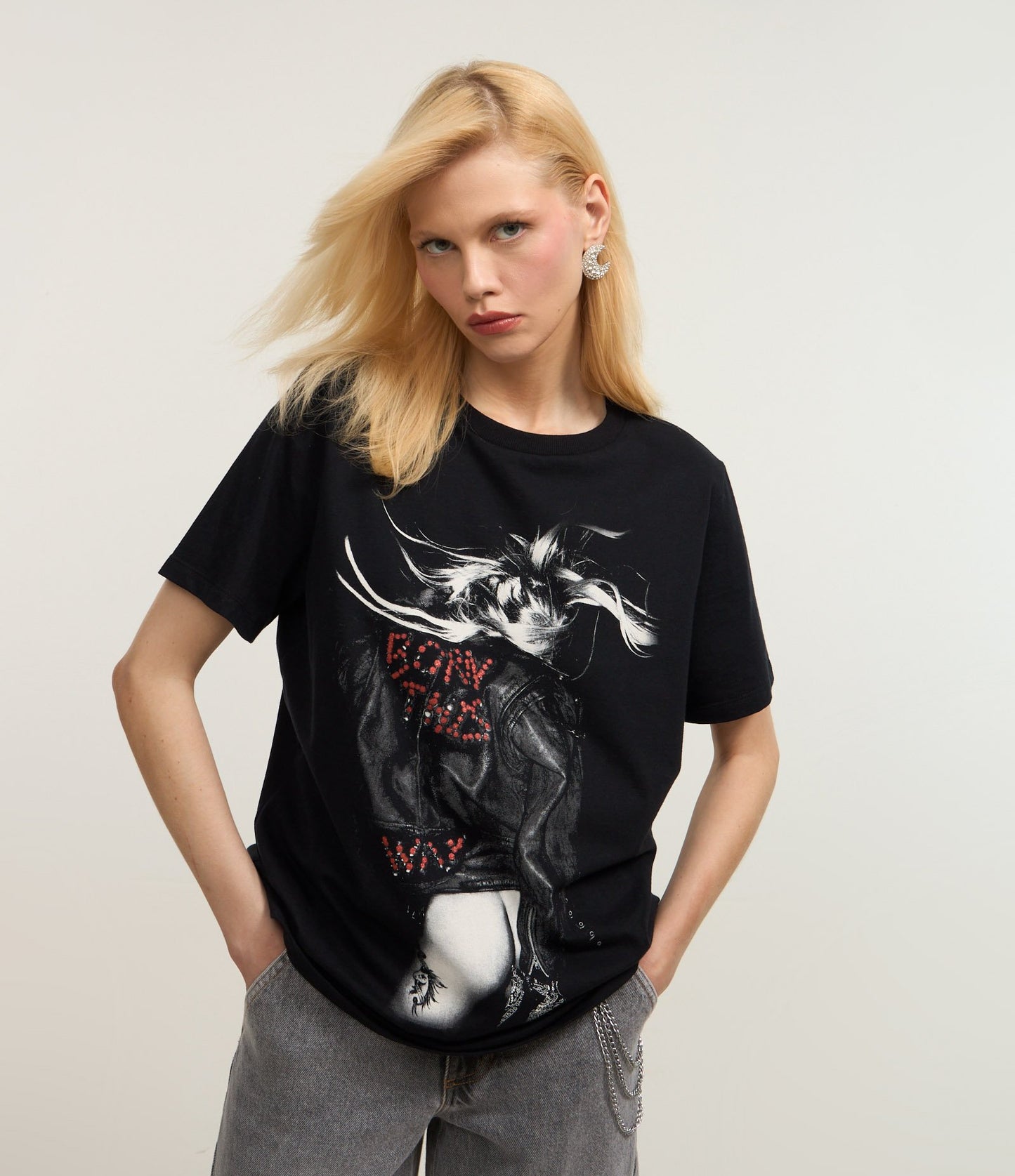 Cotton T-Shirt with Lady Gaga Born This Way Print - Black