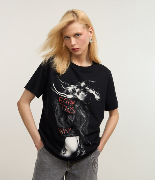 Maglietta in cotone con stampa Lady Gaga Born This Way - Nero