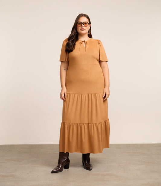 Vestido largo de ante con lazo y volantes, Curve y tallas grandes, Marrón