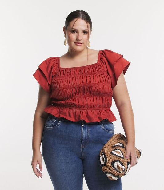 Camicetta rossa con volant e dettagli smocked, Curve & Plus Size
