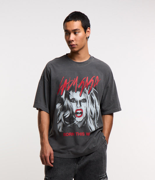 Gray Boxy Cotton T-Shirt with Lady Gaga Print