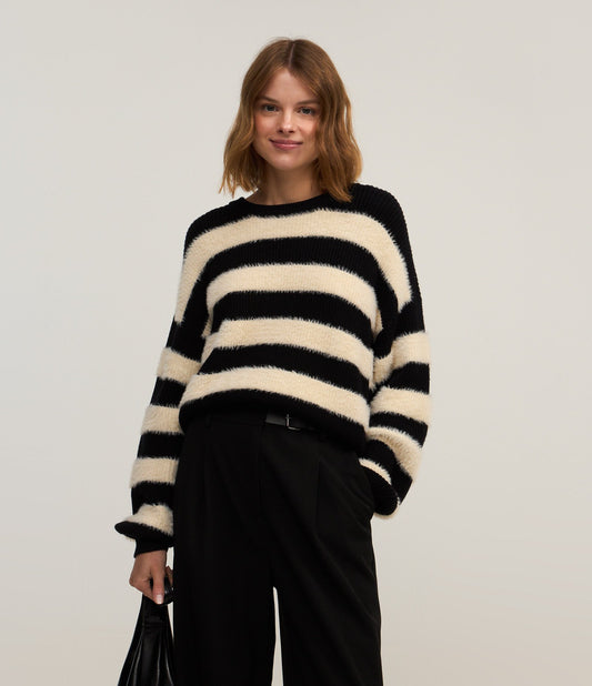 Striped Knit Sweater with Black Fuzzy Trim