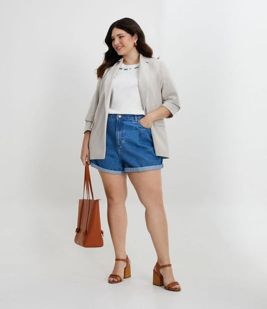 Vaqueros cortos plisados con detalle de zigzag lateral, Curvas y tallas grandes, Azul
