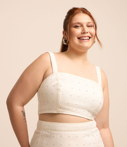 White Denim Studded Crop Top - Curve & Plus Size