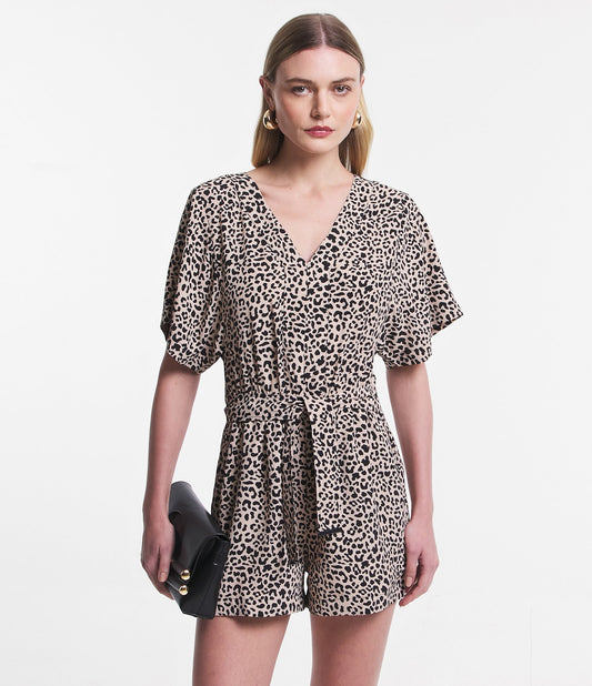 Yellow Leopard Print Short-Sleeve Romper with Tie Detail