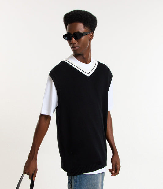 Black Knitted Sweater Vest with Contrasting Collar