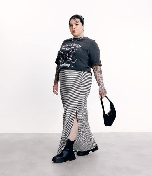 Maxi gonna a righe a coste con spacchi laterali, taglie forti e taglie forti, nero/bianco