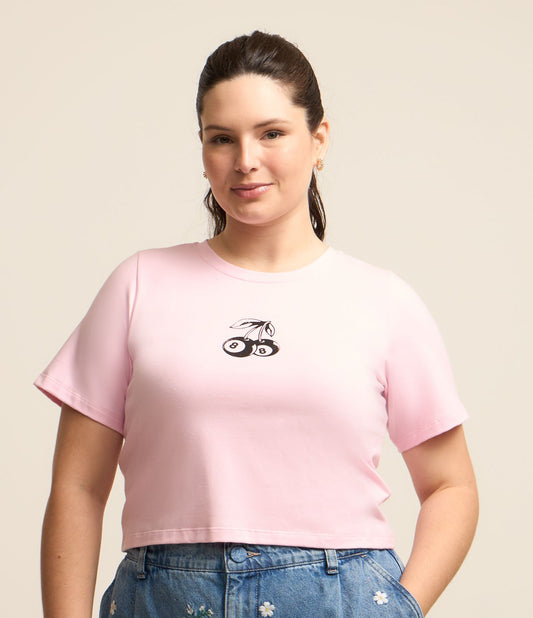 Camicetta con stampa a ciliegia, Curve e taglie forti, rosa