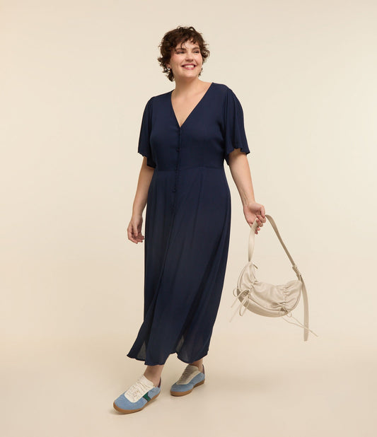 Vestido midi azul-marinho em viscose com mangas bufantes - Curve e Plus Size